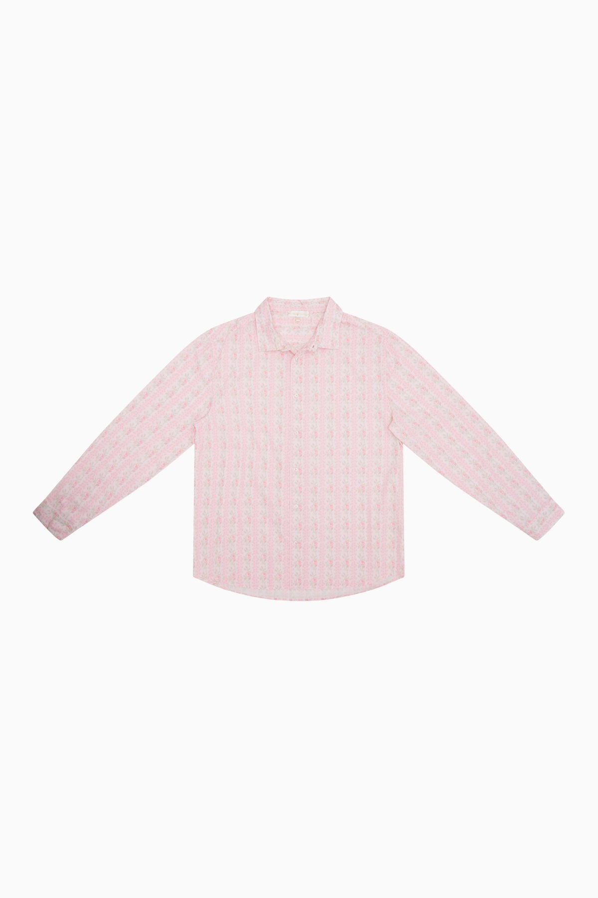Unisex light pink printed button-up shirt with long sleeves and collar