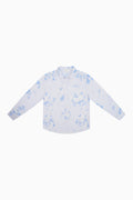 Unisex light blue printed button-up shirt with long sleeves and collar