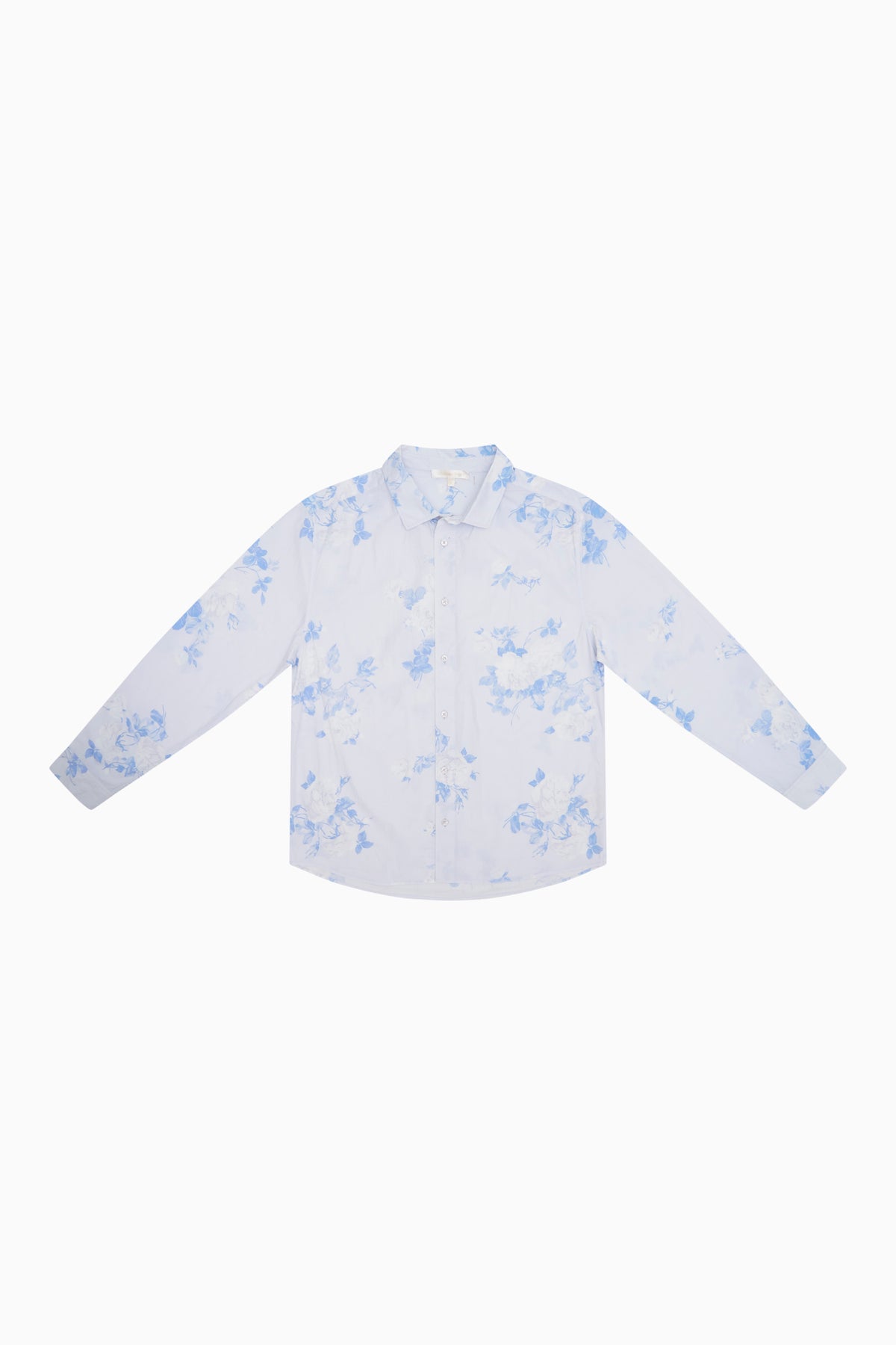 Unisex light blue printed button-up shirt with long sleeves and collar