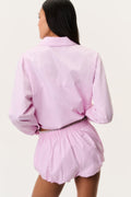 Pink pinstripe bloomer shorts back view with elastic waist and gathered hem