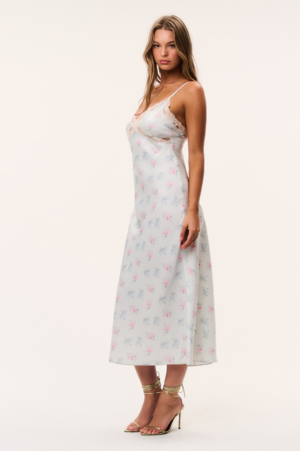 Floral satin midi dress with spaghetti straps and lace neckline, light blue floral print