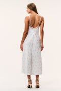 Floral satin midi dress with open-back lace trim and spaghetti straps, light blue floral print