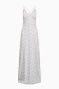Floral satin midi dress front view with lace spaghetti straps, light blue floral print