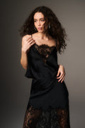 Black satin camisole top with lace bust panel and scalloped lace hem