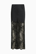 Black satin and lace maxi skirt with scalloped lace hem and lace paneling