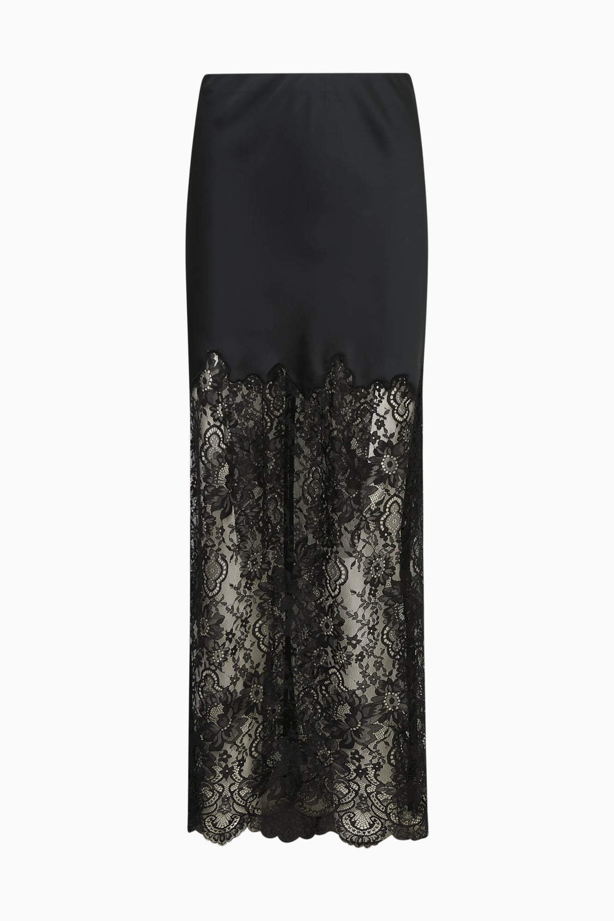 Black satin and lace maxi skirt with scalloped lace hem and lace paneling
