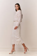 Ivory lace midi pencil skirt with fine floral lace texture