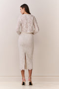 Ivory lace midi pencil skirt with center-back slit and scalloped hem