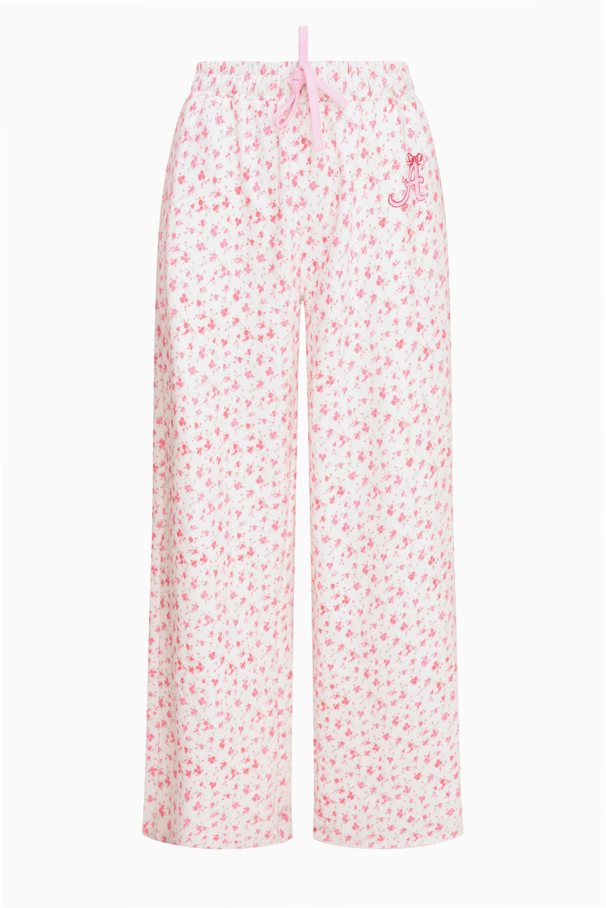 Pink ditsy floral sweatpants with elastic waist and drawstring, wide straight legs