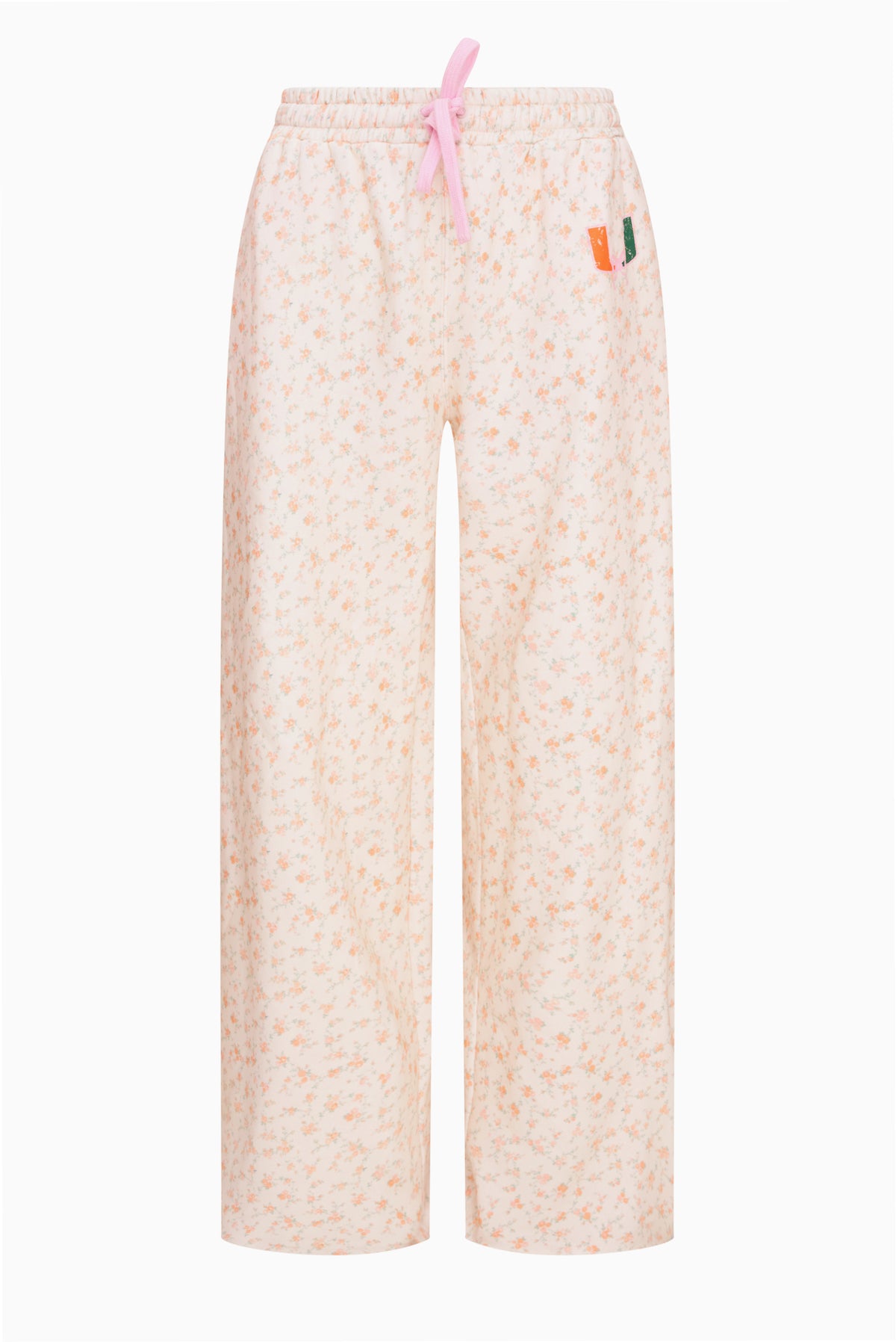 Cream floral-print sweatpants with elastic waist, drawstring, and wide legs