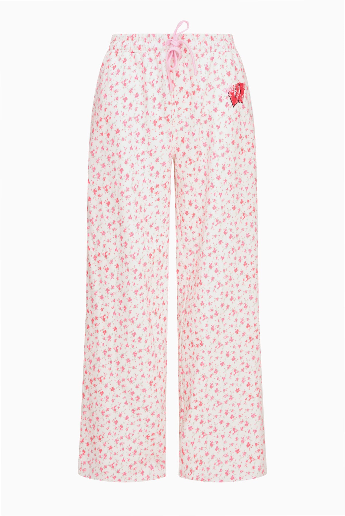 Pink floral-print sweatpants with elastic waist and drawstring, wide straight legs