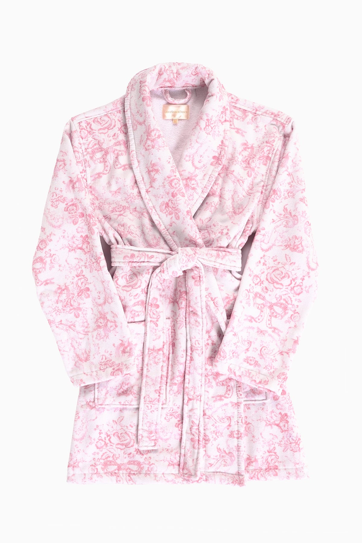 Soft pink floral cotton bath robe with belt tie waist and hooded neckline, long sleeves