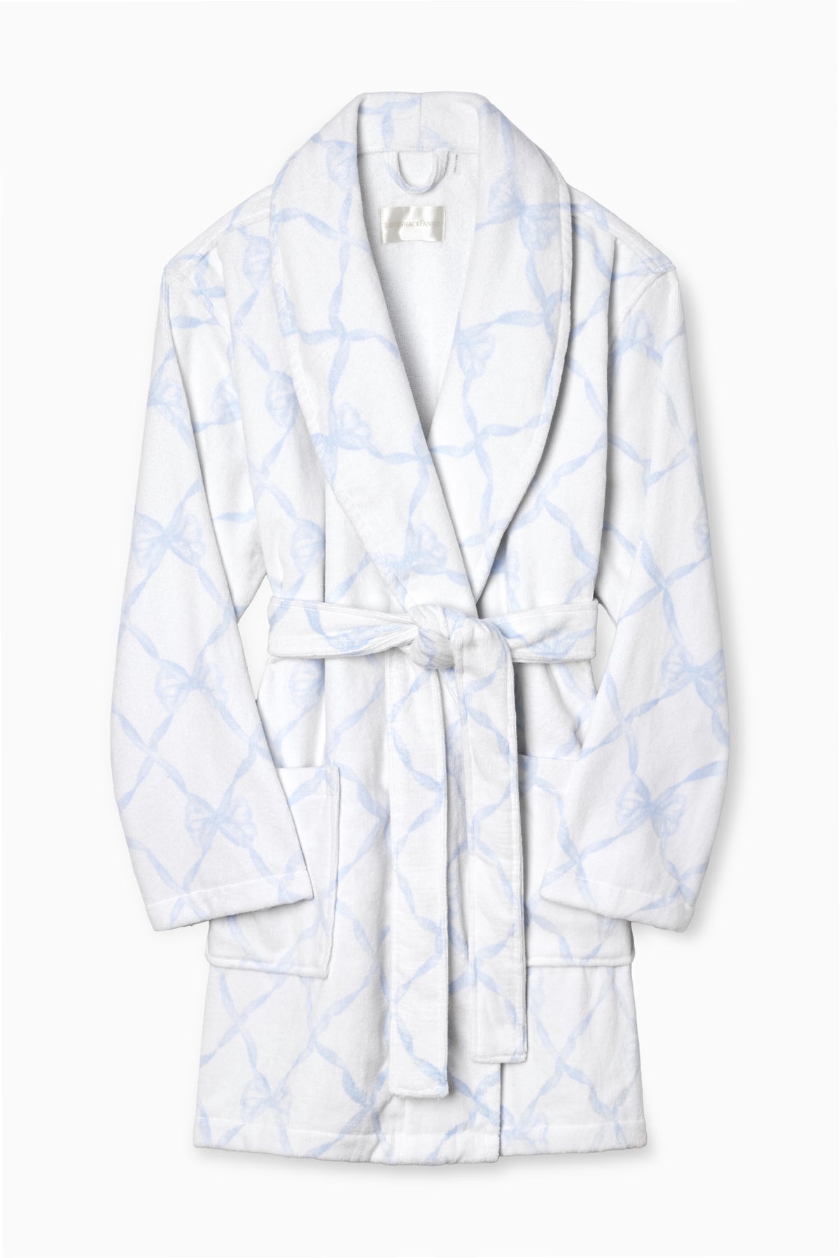 Indie printed robe, light blue printed shawl-collar robe with tied waist belt