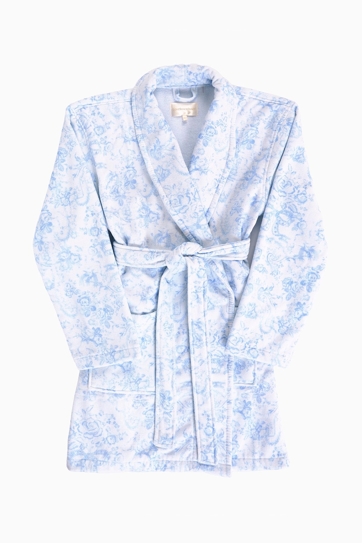 Light blue floral cotton bath robe with belt tie waist and hooded collar, long sleeves