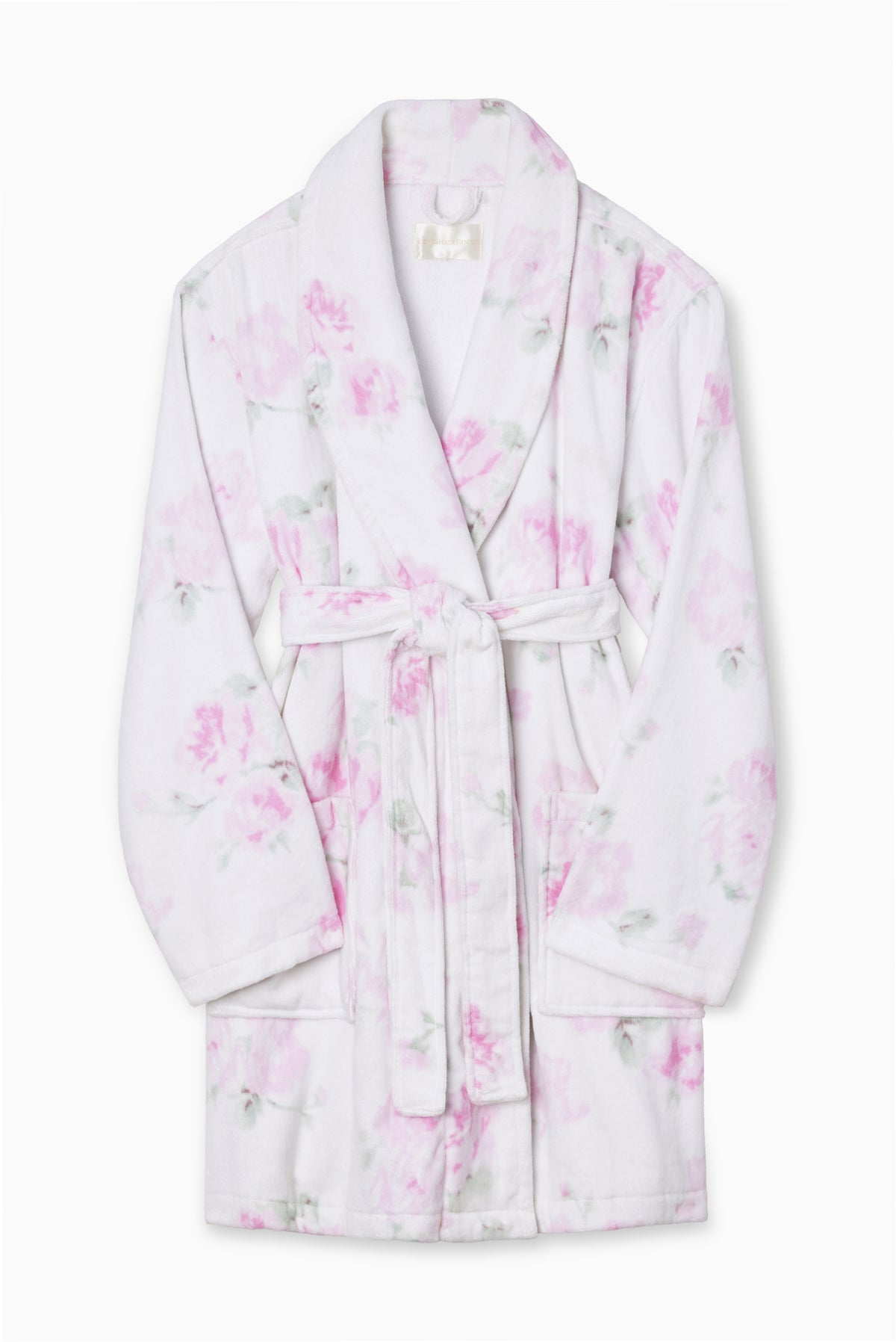 Indie printed robe, white with pink floral print, long sleeves and waist belt