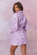 Lavender cotton bath robe with tie belt and floral print, long sleeves