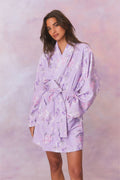 Lavender cotton bath robe with tie belt and all-over floral pattern, V-neck