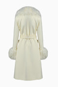 Cream shearling cashmere coat, back view, belted waist and fur trim