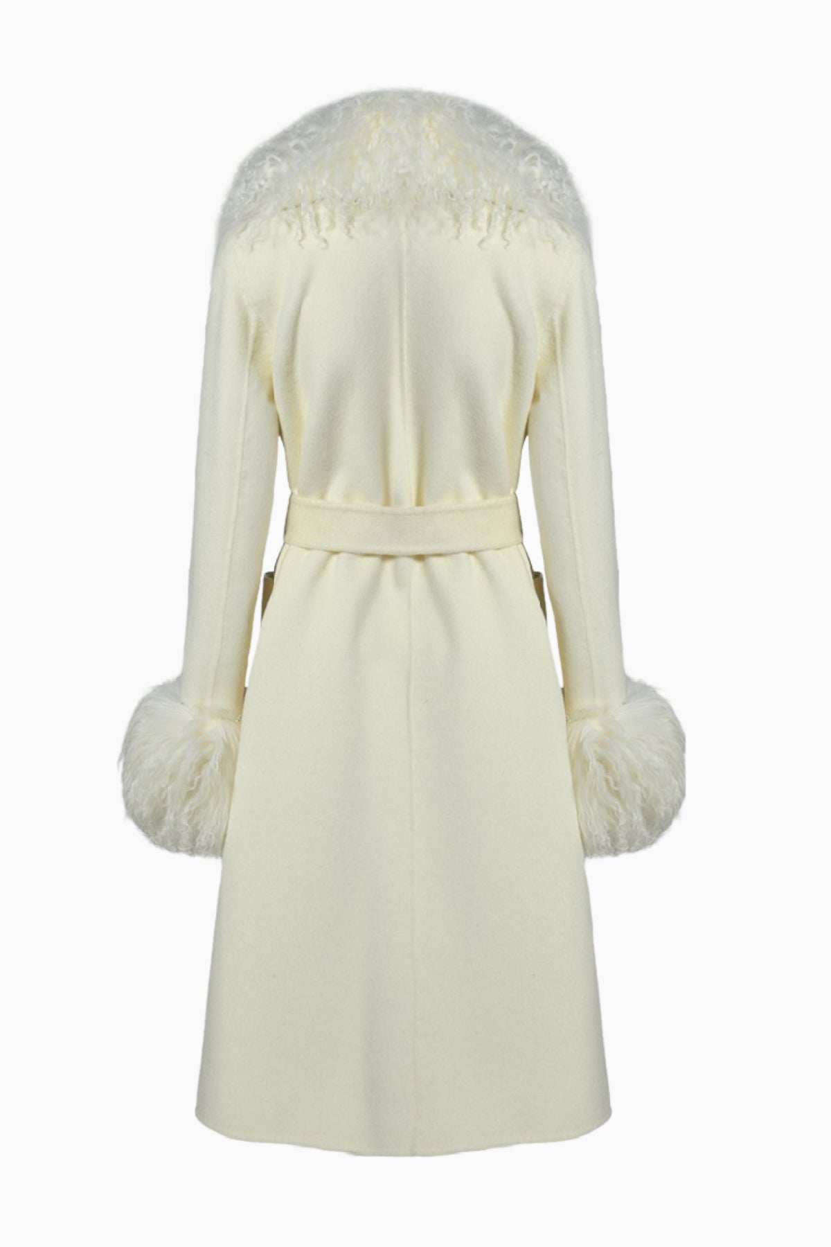 Cream shearling cashmere coat, back view, belted waist and fur trim