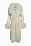 Cream shearling cashmere coat with wrap belt and fur cuffs