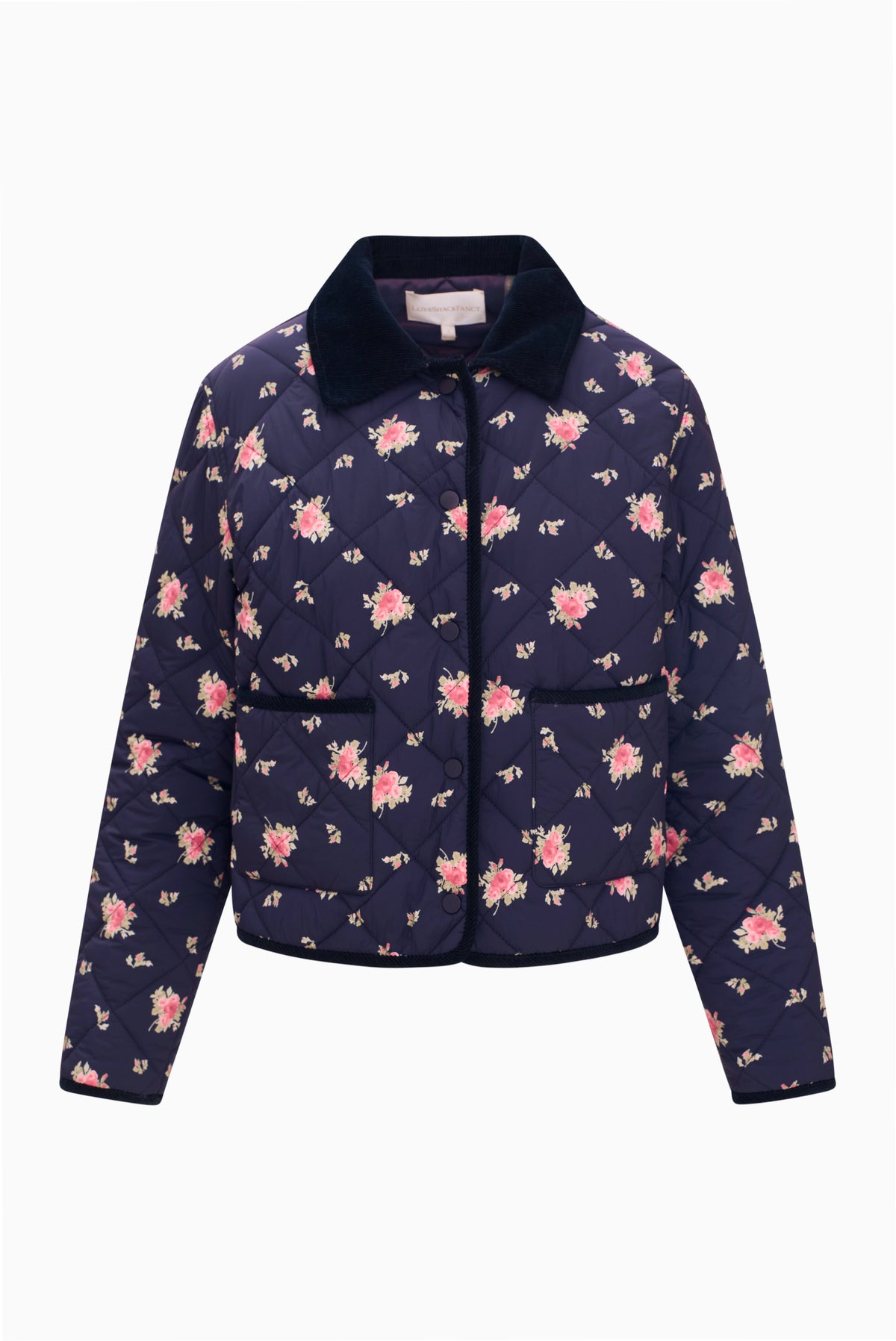Dark navy floral quilted jacket, full-zip front, pink flower print