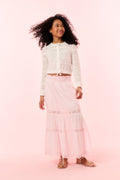 Girls' white woven ribbon cardigan with textured yoke and long sleeves