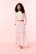 Girls' white woven ribbon cardigan with buttonless front and textured stitch detail
