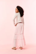 Girls' white woven ribbon cardigan with long sleeves and textured front panels