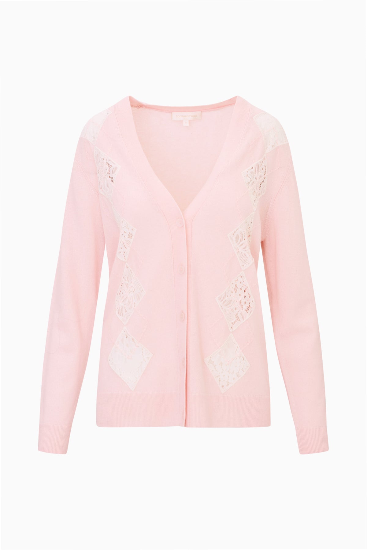 Wool blend cardigan in light pink with lace argyle panels and button-front V-neck