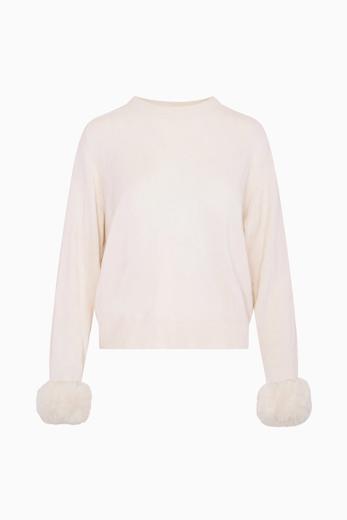 Ivory wool-cashmere sweater flat lay with faux fur pom cuffs