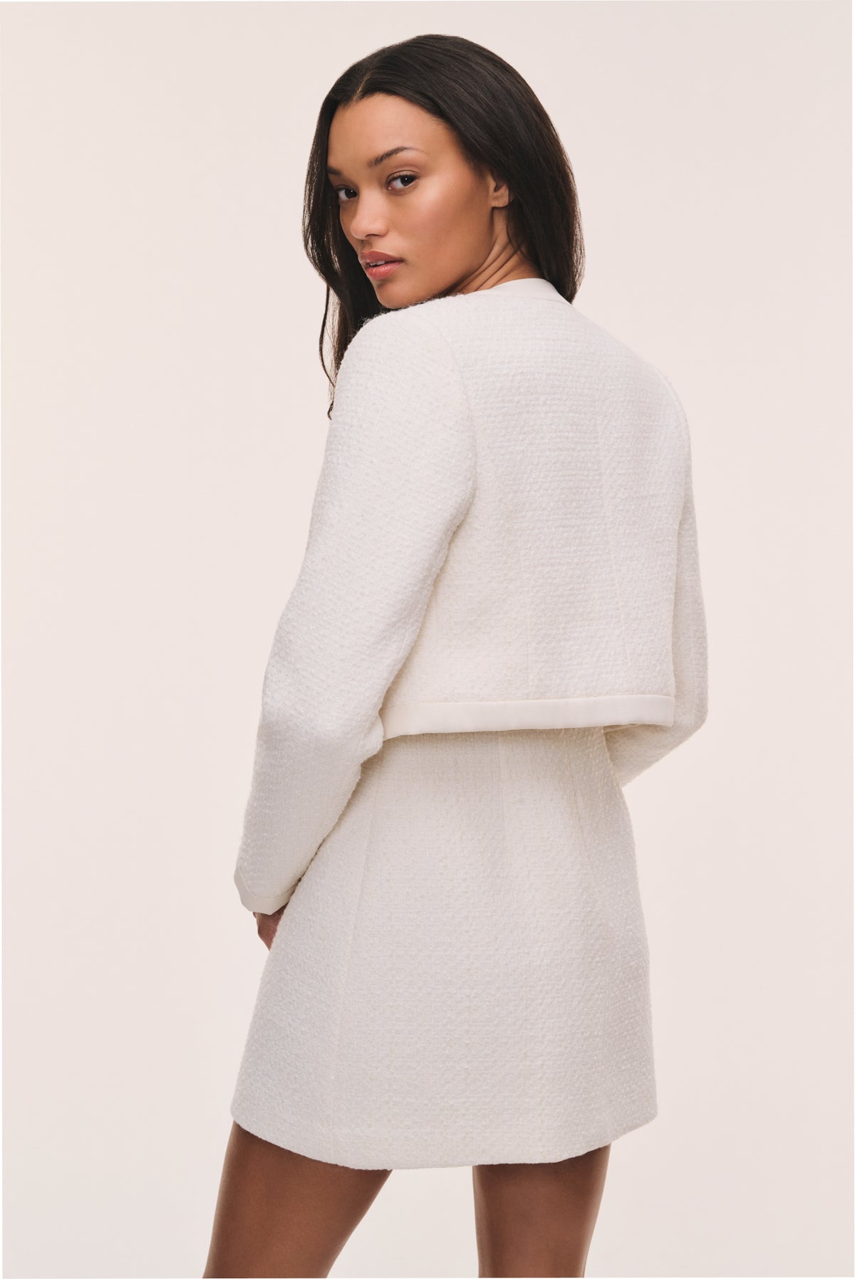 Ivory tweed jacket, button-front crop with back view and long sleeves