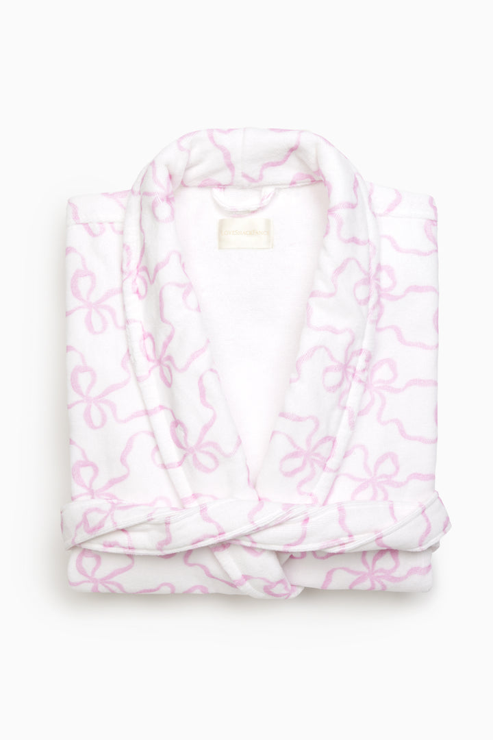 White floral robe with shawl collar, hood, and matching belt tie