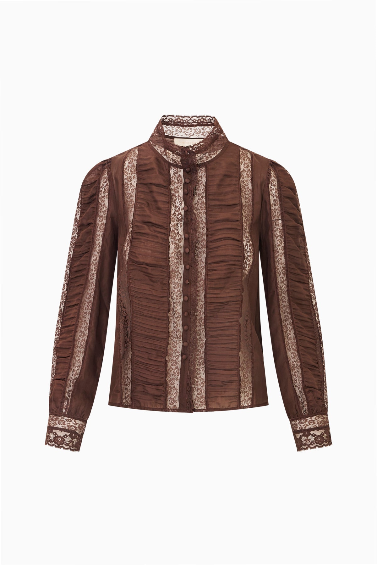 Silk lace blouse with vertical pintuck panels and lace trim, long sleeves, dark brown