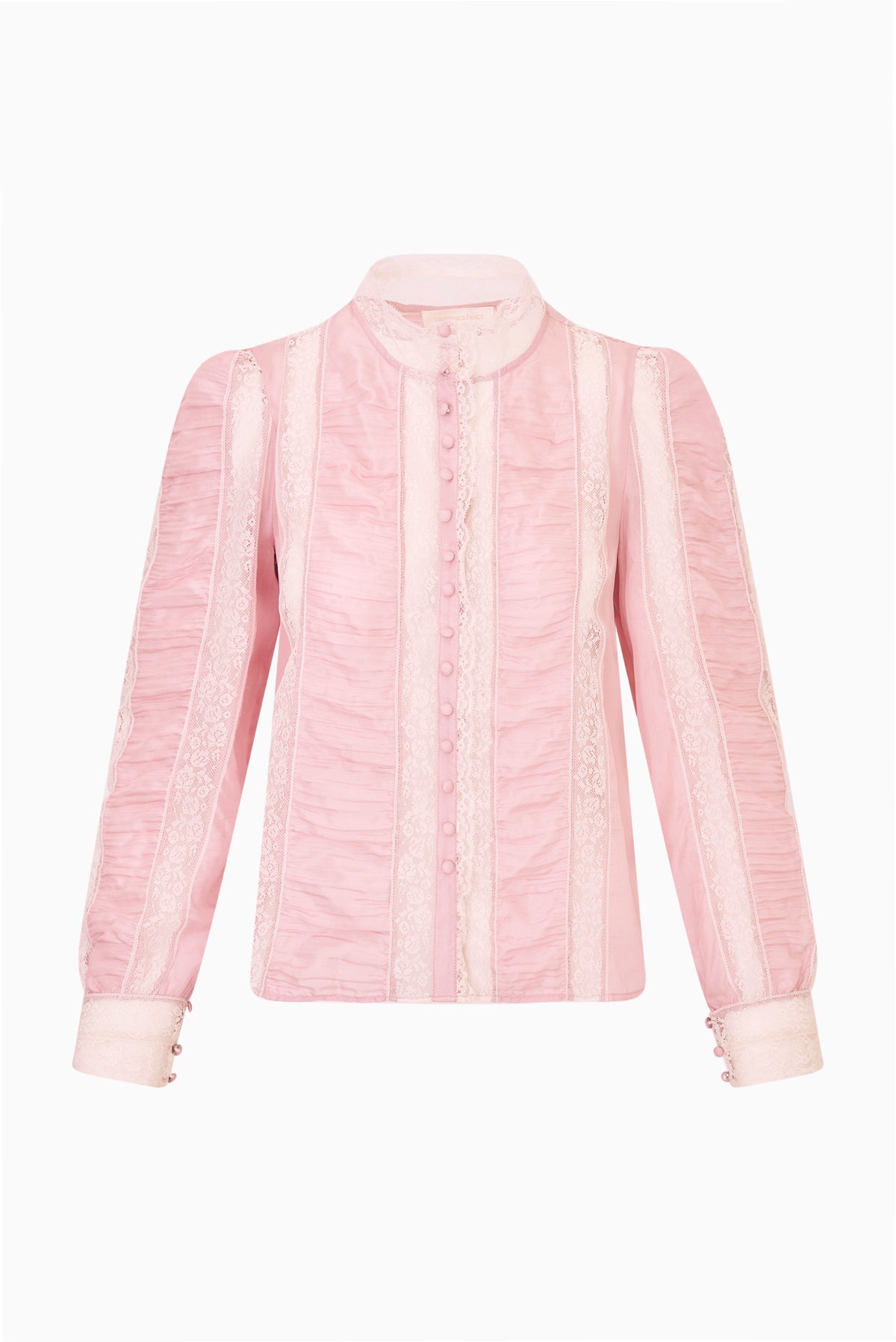 Silk lace blouse in light pink with lace stripes, button front, long sleeves