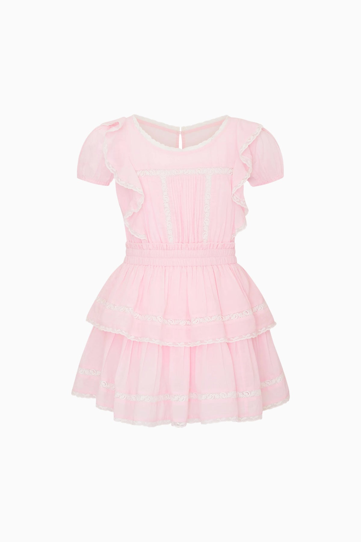 Pink tiered cotton mini dress with puff sleeves and ruffle layers