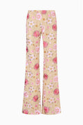 Embroidered wide-leg pants in light honey with pink floral print