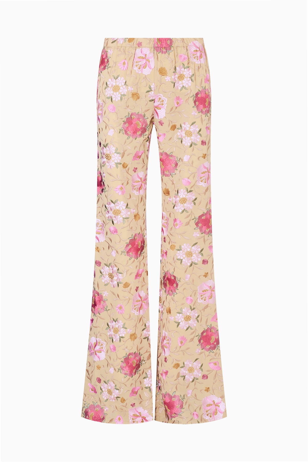 Embroidered wide-leg pants in light honey with pink floral print