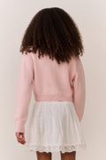 Pink knit cardigan, bow embroidery on upper back, ribbed cuffs and hem