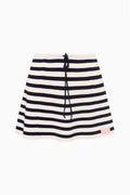 Navy and white striped stretch knit mini skirt with drawstring waist