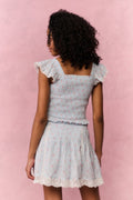 Floral cotton top, ruffled cap sleeves and back view with gathered tiered hem