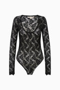 Black sheer lace long-sleeve bodysuit with scoop neckline and intricate floral lace