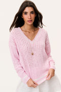 Pink V-neck cable knit pullover with long sleeves and ribbed striped cuffs hem