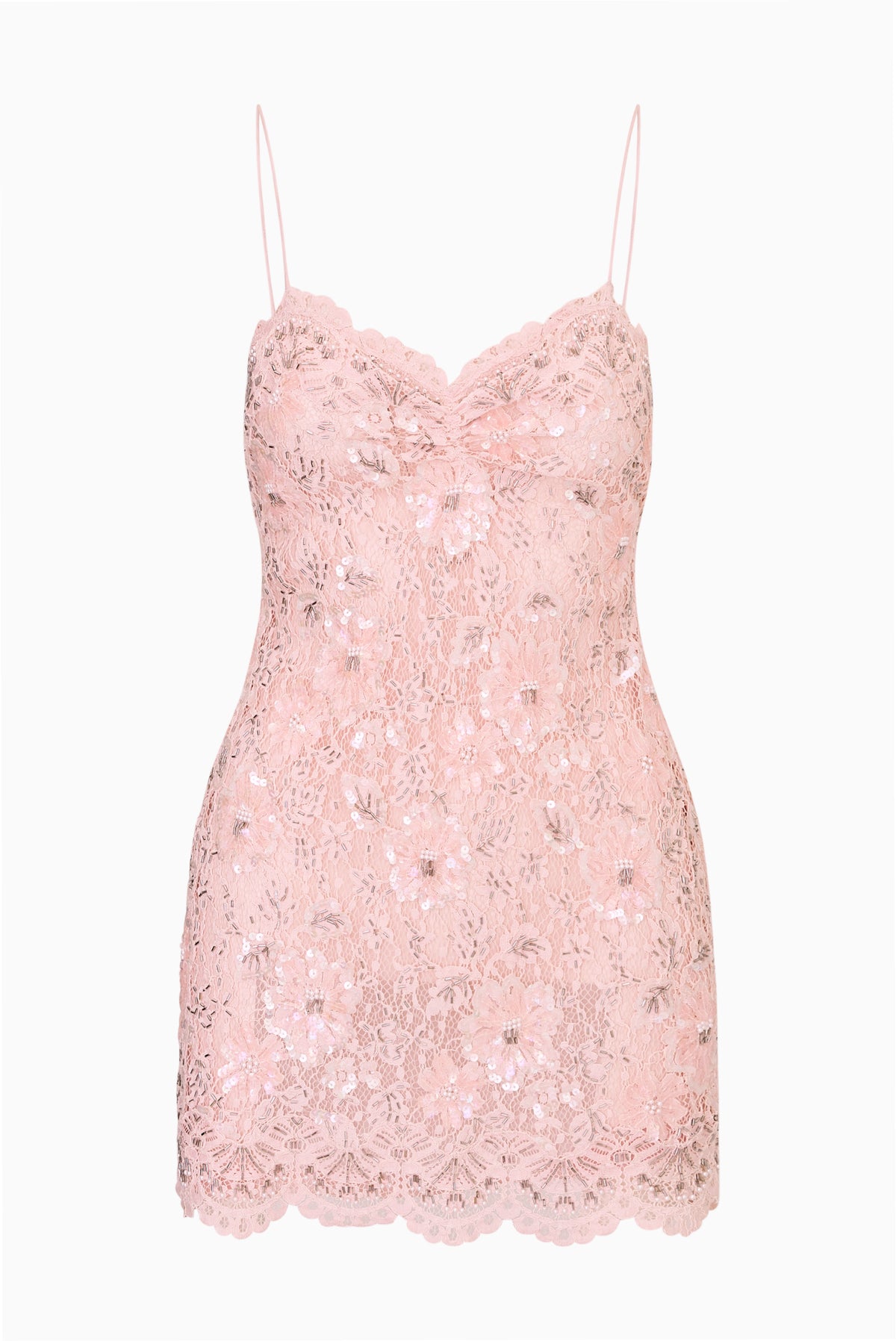 Opaline pink embellished lace mini dress with spaghetti straps and scalloped hem