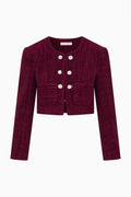 Bordeaux tweed cropped jacket, long sleeves, open front with clustered decorative buttons