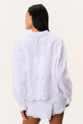 White eyelet linen button-up top, back view with eyelet pattern and long sleeves.