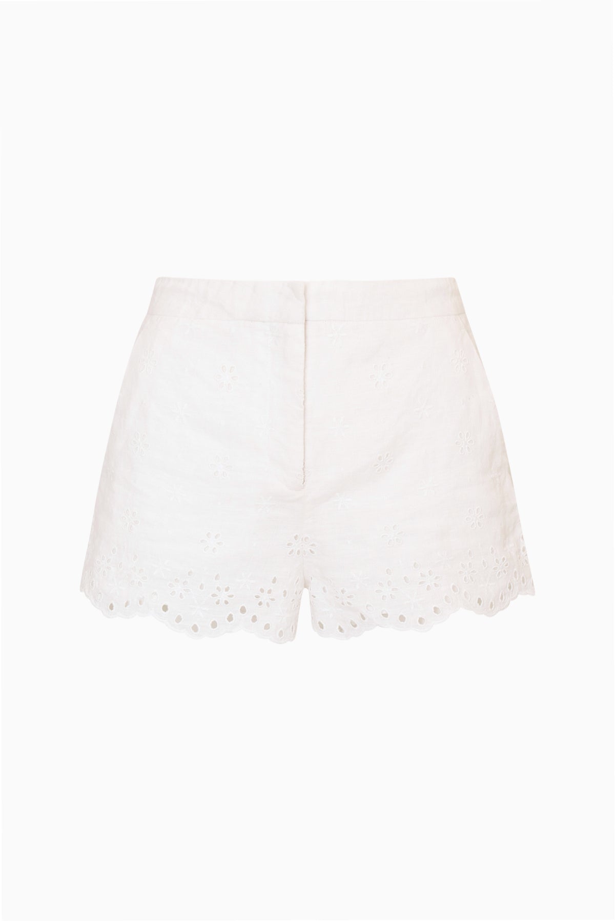 White linen eyelet shorts with scalloped hem and embroidered eyelet detailing