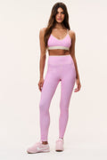 Pink speckle active leggings, front view with high-rise waistband