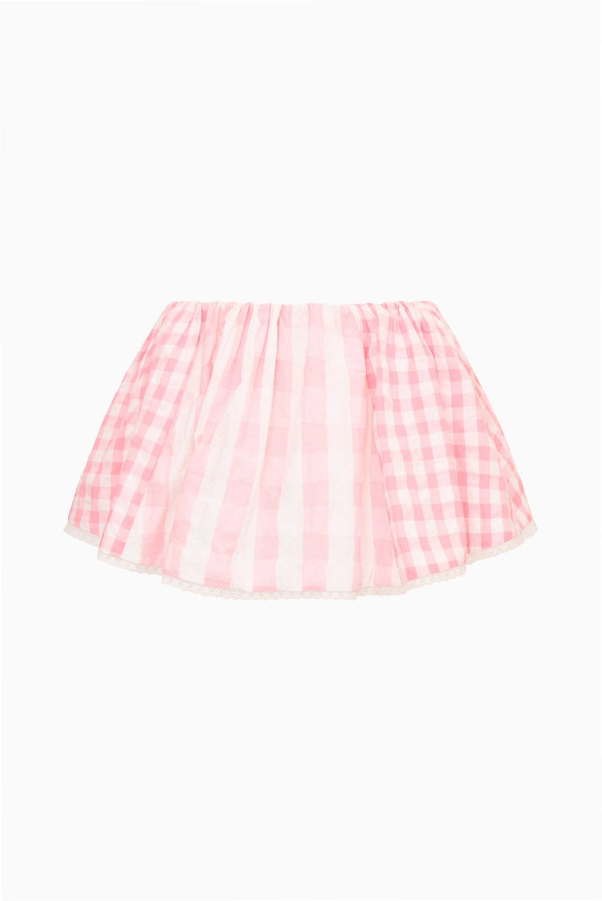 Pink-and-white striped mini skort with gathered, flared hem