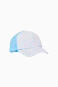 Blue printed mesh trucker hat with curved brim