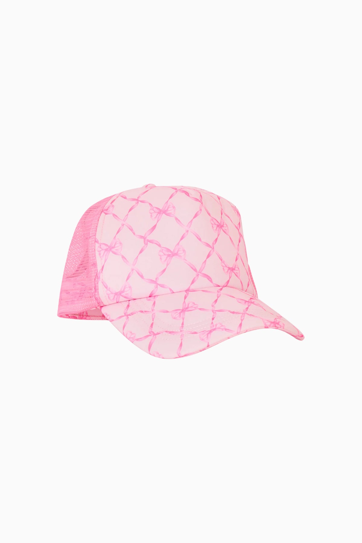 Pink patterned trucker hat with curved brim